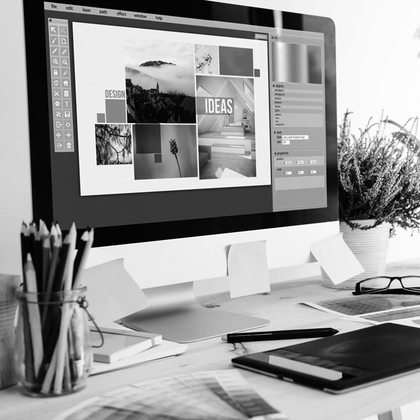 Grafikdesign, Webdesign, Flyergestaltung, Werbung Bildschirm auf dem der Entwurf einer Website zu sehen ist